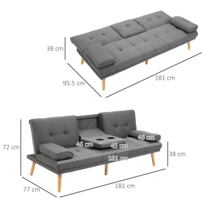 Canapea extensibilă cu 3 locuri, 2 cotiere detașabile și covoraș antiderapant, imitație in și lemn de plop, 181x77x78cm, gri închis - Img 3