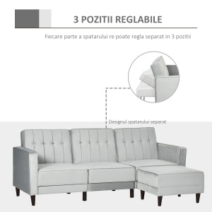 Canapea extensibila cu 3 locuri cu taburet si spatar inclinabil, tapiterie din catifea si scaun captusit, 218x85x86 cm, gri deschis - Img 6
