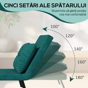 Canapea Extensibilă cu Spătar Reglabil pe 5 Nivele, Canapea Pat Individuală Pliabilă cu Perne, 63x73x81 cm, Verde - Img 5