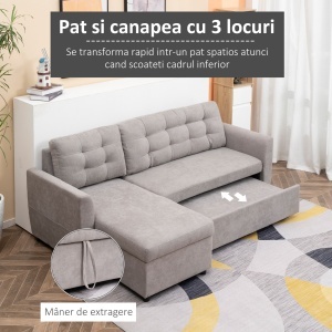 Canapea Extensibila pe Colt 3 locuri cu Sezlong Compartiment din Material Textil - Img 4
