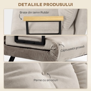 Canapea Pat de 2 Locuri cu Spătar Reglabil pe 5 Nivele și 2 Perne din Material Capitonat, 102x73x81 cm, Negru - Img 7