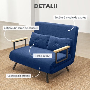 Canapea Pat de 2 Locuri cu Spătar Reglabil pe 5 Nivele și 2 Perne din Material Capitonat, 102x73x81 cm, Albastru - Img 6