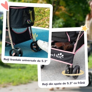 Cărucior 2 în 1 pentru Câini Pliabil și Convertibil în Transportor cu 2 Lese și Pernă, Roz - Img 7