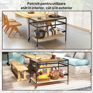 Cărucior cu Roți din Lemn cu 2 Rafturi, 3 Cârlige, Blat cu Lamele și Mâner 107x65x80 cm Natural - Img 7
