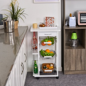 Carucior de Bucatarie cu Economisire de Spatiu din Lemn Alb cu 4 Roti 3 Cosuri Detasabile - Img 2