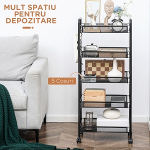 Carucior de bucatarie pe 5 niveluri cu cosuri din plasa, carucior de depozitare pentru sufragerie si dormitor din otel, 45x26,5x106cm, negru - Img 4