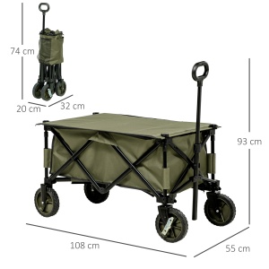 Carucior de gradina pliabil cu roti, Carucior de camping pliabil cu placa pliabila, Carucior utilitar pentru exterior cu cadru din otel si material Oxford, verde - Img 3