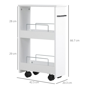 Carucior multifunctional pentru economisirea spatiului pentru baie si bucatarie, carucior din lemn MDF cu roti pivotante si maner, 42,5x20,3x66,7cm, alb - Img 3