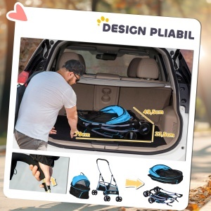 Cărucior pentru Câini Pliabil și Convertibil în Geantă de Transport cu 2 Lese și Pernă, 82x49.5x98 cm, Albastru - Img 6