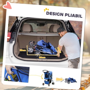 Cărucior Pliabil pentru Câini până la 10 kg cu Copertină de Ploaie, 75x45x97 cm, Albastru - Img 7