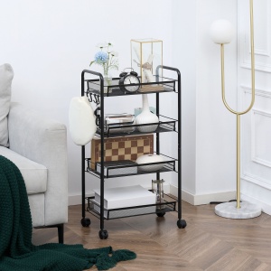 Carucior utilitar cu 4 niveluri, carucior de servire rulant cu cosuri de plasa detasabile, pentru sufragerie si bucatarie, spalatorie, garaj si baie, negru - Img 2