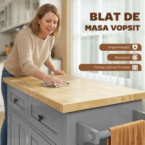 Căruț de Bucătărie cu 2 Sertare și 2 Dulapuri, Insulă de Bucătărie cu Blat din Lemn, 111x44,5x82,5 cm, Gri - Img 4