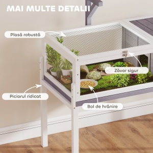 Casă pentru Țestoase Înălțată cu Separator, Sertar și 2 Capace, Teren pentru Țestoase din Lemn de Brad și PS, 104x53x82 cm, Gri și Alb - Img 9