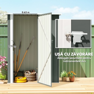 Căsuță de Grădină 1.07m² din Oțel Zincat, Căsuță pentru Unelte cu Ușă Blocabilă, Acoperiș Înclinat, 142x86x189 cm, Gri Deschis - Img 5