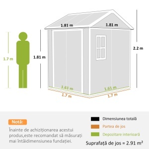 Căsuță de grădină din rășină cu podea, 2 uși blocabile, fereastră, 1.8x1.8m, gri - Img 3