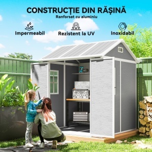 Căsuță de grădină din rășină cu podea, 2 uși blocabile, fereastră, 1.8x1.8m, gri - Img 5