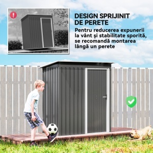 Căsuță de Grădină Exterior 1,16 m² 163x89x182 cm din Metal cu Ușă Culisantă și Acoperiș Înclinat, Gri - Img 5