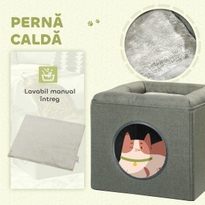 Căsuță pentru Pisici cu 2 Niveluri, cu Pernă din Pluș, din Lemn, Poliester și Plastic, 36,5x36,5x33 cm, Verde - Img 5