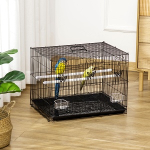 Colivie pentru Păsări cu 2 Stinghii, 3 Intrări, Tavă și 2 Recipiente pentru Hrană, 60x41x41 cm, Negru - Img 2