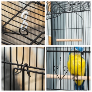 Colivie pentru pasari cu Stinghii, Leagan si boluri, Voliera din Metal si Plastic, 46.5x35.5x92 cm, Negru - Img 9