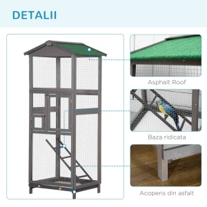 Colivie pentru Păsări din Lemn și Plasă Metalică cu 2 Uși și Tavă Detașabilă, 68x63x165 cm, Gri Deschis - Img 7