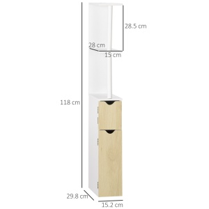 Coloana de baie cu 2 rafturi si 2 dulapuri, dulap de baie cu economie de spatiu mare din MDF, 15,2x29,8x118cm, alb si lemn - Img 3