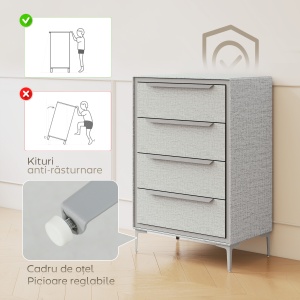 Comoda cu 4 Sertare în Oțel cu Acoperire în Țesut cu Efect de In, 60x36x88 cm, Gri - Img 7