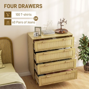 Comodă cu 4 Sertare în Stil Boho, Comodă din Lemn și Ratan pentru Dormitor și Hol, 90x45x108,5 cm, Stejar - Img 5