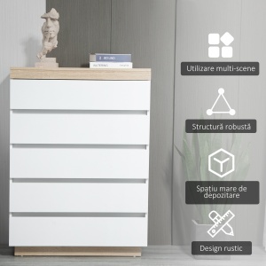 Comodă cu 5 Sertare din Lemn, Comodă pentru Dormitor cu Dispozitiv Anti-Răsturnare, 80x40x109 cm, Alb - Img 5