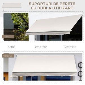 Copertina pentru soare cu brate si actionare manuala, din aluminiu si poliester pentru exterior, 250x200 cm, alb crem - Img 6