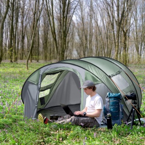 Cort de Camping Pop Up pentru 2 Persoane cu 2 Uși, 4 Ferestre și Înveliș Impermeabil, 263.5x220x123 cm, Verde - Img 2