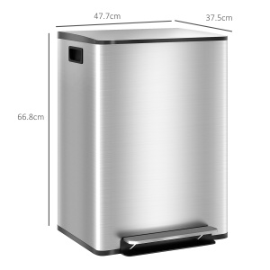 Coș de Gunoi cu 2 Compartimente de 30L, Pedală și Capac Silențios, 47,7x37,5x66,8 cm, Argintiu - Img 3