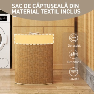 Coș de Rufe Colțar 55L cu Sac Detașabil din Bambus Maro - Img 6