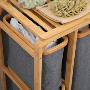 Cos de rufe din bambus , cos de rufe cu 3 pungi glisante din material textil si raft deschis, cos de spalat cu 3 sectiuni, economiseste spatiu, natural - Img 8