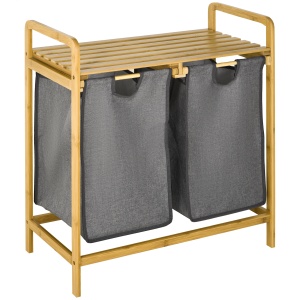 Cos de rufe din bambus , Cos de rufe cu raft, 2 saci pentru dormitor, baie, spalatorie, 64 x 33 x 73 cm, gri - Img 1