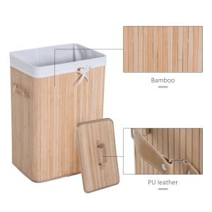Cos de rufe din bambus cu capac si geanta detasabila din material, 40x30x60cm, natural - Img 6