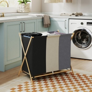 Coș de Rufe Pliabil cu 3 Compartimente, din Bambus și Material cu Efect de In, 75x48x67 cm, Multicolor - Img 7