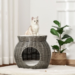 Cos pentru Pisici din rattan PE cu 2 Niveluri cu Perne de Plus Lavabile, Φ50x43.5cm - Gri Inchis - Img 2
