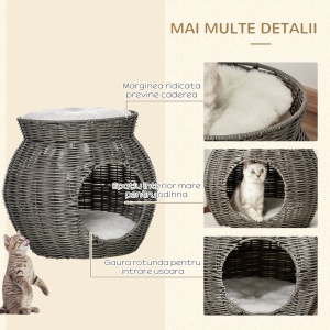 Cos pentru Pisici din rattan PE cu 2 Niveluri cu Perne de Plus Lavabile, Φ50x43.5cm - Gri Inchis - Img 7