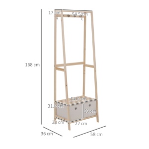 cuier cu raft, 58x36x168cm lemn natur - Img 3