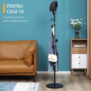 Cuier de Podea cu 8 Carlige, Cuier pentru Intrare si Dormitor din Otel cu Baza din Marmura, 35x35x170cm, Negru - Img 4
