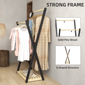 Cuier de Podea din Lemn cu 2 Bare, Suport pentru Haine Autoportant Modern cu Raft Inferior, 61x45x152 cm, Natural - Img 5