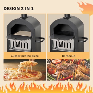 Cuptor Portabil cu Cărbune pentru Pizza și Barbecue, Cuptor cu Lemne, Coș de Fum și Raft Inferior, 63x54x161 cm, Negru - Img 4
