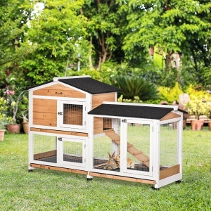 Cușcă de Exterior cu 2 Nivele, 6 Roți, Tavă Detașabilă, Rampă și Plasă Metalică, 157,4x53x99,5 cm, Galben - Img 2