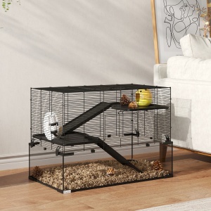Cușcă Hamsteri de 23,5", Cușcă pentru Gerbili cu Bază din Sticlă pentru Hamsteri Mici, Negru - Img 9