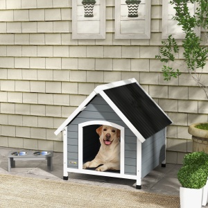 Cușcă pentru Câini, Casă din Lemn pentru Câini cu Podea Detașabilă, Adăpost pentru Animale de Companie cu Lemn Anticoroziv, 84x99x87 cm, Gri - Img 2