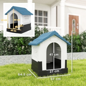 Cușcă pentru Câini de Exterior din Plastic, Căsuță pentru Câini Mici cu Ferestre, Acoperiș Înclinat și Bază Ridicată, 64,5 x 57 x 66 cm, Albastru - Img 3