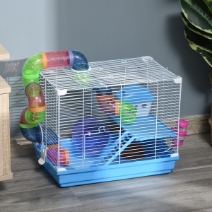 Cușcă pentru Hamster cu 2 Niveluri, Rezervor de Apă, Tavă Detașabilă, Tunel și Roată, 46x30x37cm, Albastru - Img 2