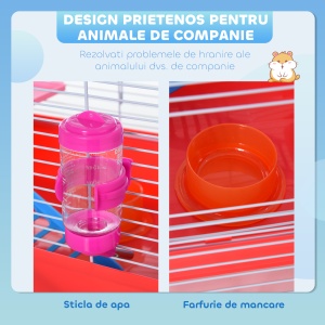 Cusca pentru Hamsteri cu 2 Nivele din Metal si PP cu Casuta, Rezervor de apa, Roti si Farfurioare, 47x30x27 cm, Rosu si Alb - Img 4