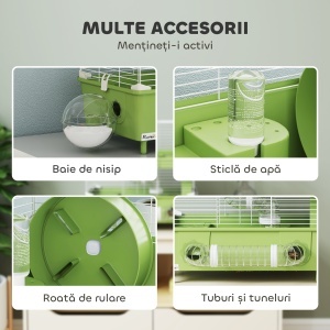 Cușcă pentru Hamsteri cu 2 Nivele și 3 Uși cu Roată și Tuburi, din Oțel, PS și PP, 44.5x28x44 cm, Verde și Alb - Img 5